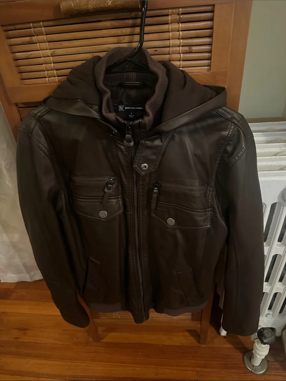 INC International Concepts Dark Brown Faux Leather Bomber Jacket with Hood